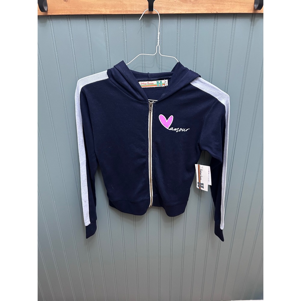 Vintage Havana Girls Navy Blue L'amour Heart Ribbed Zip Up Hoodie Size L 14 NWT